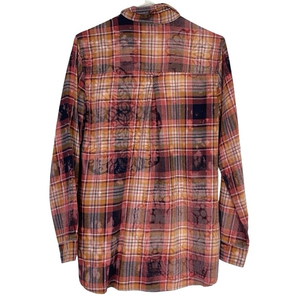 Handmade Floral Flannel Shirt Womens Size Medium Bleached Plaid Button Down Gold - Picture 2 of 11